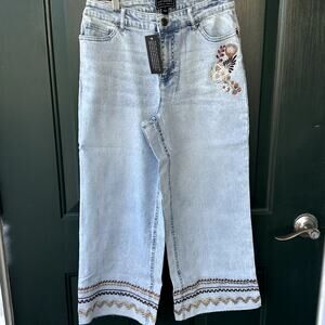 NWT G by Giuliana HSN Embroidered Wide Leg Jeans Sz 4 Boho Raw Hem Western